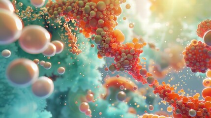 Detailed enzyme protein bond with floating particles