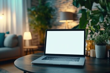 Fototapeta premium Cozy workspace with laptop and greenery creates a productive atmosphere in evening light