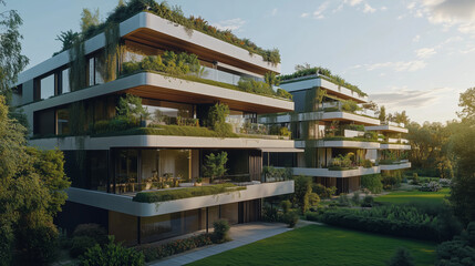 Obraz premium Modern eco-friendly apartment complex with lush greenery and sustainable design 