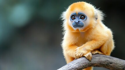 Obraz premium A beautifully rare golden langur, with its vibrant golden fur, gracefully perched on a tree branch in a remote jungle, reflecting its elusive beauty.