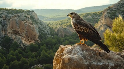 Fototapeta premium A Black Kite perched on a rocky outcrop, with Monfrage's vast canyons and forests forming a dramatic backdrop.