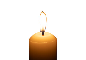 A single burning candle flame or light glowing on a big white candle isolated with clipping path in png file format