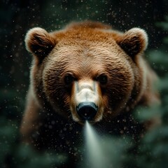 Fototapeta premium Powerful Brown Bear Forcefully Spraying Scent Marked Urine to Demarcate Its Forest Domain Detailed Textural Fur Intense Gaze