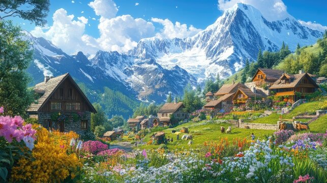 A charming mountain village nestled in a lush green valley, with colorful flowers and traditional stone houses, set against towering snow-capped peaks.