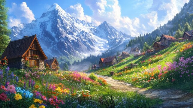 A charming mountain village nestled in a lush green valley, with colorful flowers and traditional stone houses, set against towering snow-capped peaks.