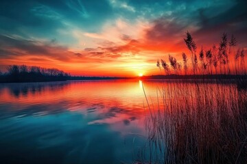 Obraz premium A vibrant sunset over a tranquil lake with silhouetted reeds.