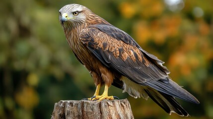 Obraz premium A close-up of a Black Kite perched on a tree stump, its rich brown feathers and sharp features on full display.