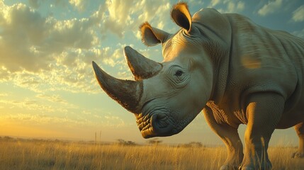 Fototapeta premium A close-up of a majestic and rare white rhino standing tall in the African savannah, its formidable presence and unique features showcased against a wide open sky.