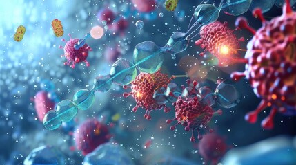 Enzyme and protein molecular system highlighted with glowing digital particles