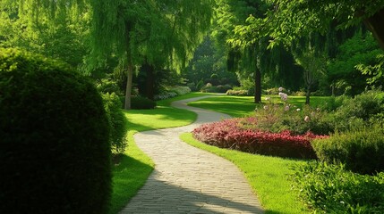 Naklejka premium A path in a park with a brick walkway and a row of bushes