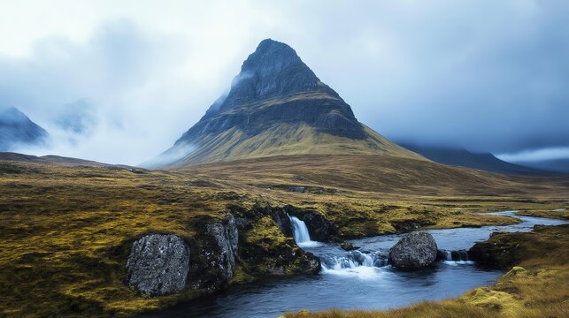 A mountain with a waterfall in front of it