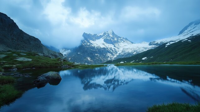 A mountain lake with a cloudy sky in the background
