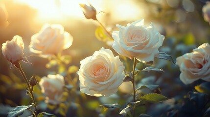 A bunch of white roses are in a field with the sun shining on them