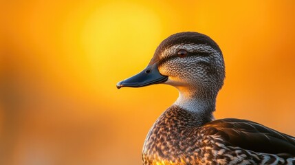 Obraz premium A close-up of a Marbled Duck at sunset in Fuente de Piedra lagoon, its delicate mottled plumage glowing under the warm orange hues.