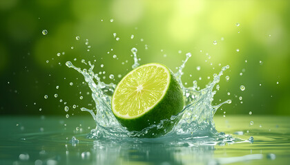 Fresh lime splashes in clear water creating a vibrant and refreshing scene