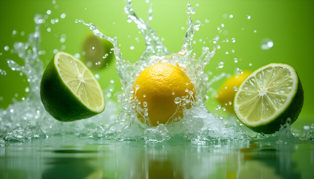 Fresh lemons and limes splash in water creating a refreshing and vibrant scene - Powered by Adobe