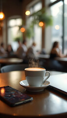 Warm coffee cup sits on table in cozy cafe with patrons enjoying their time