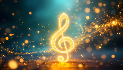 Obraz premium Glowing Treble Clef with Lights, Musical Note Abstract Background, Golden Treble Clef on Dark Background