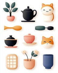 Colorful kitchenware and cute cat illustrations.