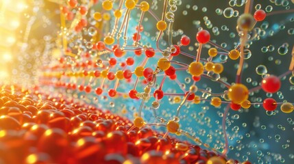 Enzyme and protein molecular system highlighted with glowing digital particles