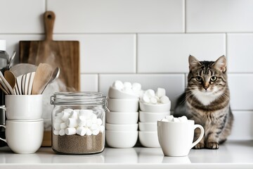 This cozy home ideas captures a charming hot cocoa station with marshmallows and a playful cat, showcasing a delightful interior of house atmosphere.