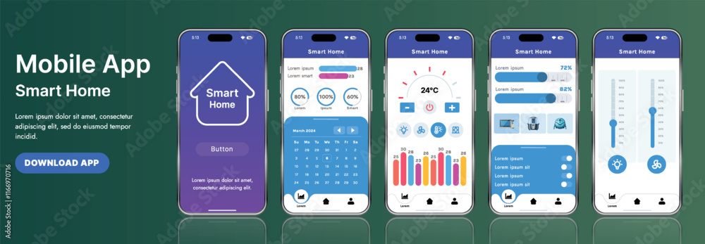 Poster a sleek smart home application interface template featuring modern icons and a gradient design. incl