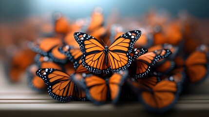 Captivating cluster of monarch butterflies displaying their intricate and vibrant wing patterns creating a hypnotic interweaving of movement and an ethereal dreamlike atmosphere