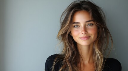 Fototapeta premium Portrait of a Smiling Woman with Long Brown Hair