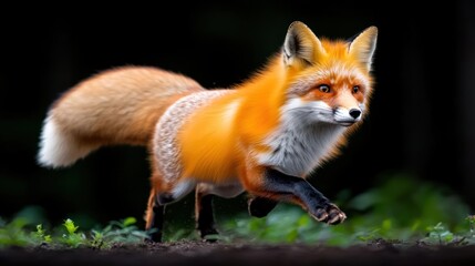 Naklejka premium A vibrant fox running through a lush forest environment.