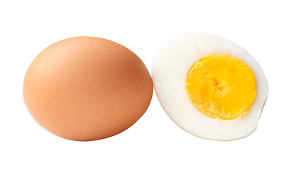 Side view of raw chicken egg and peeled cooked or boiled egg with egg yolk in half isolated with clipping path in png file format