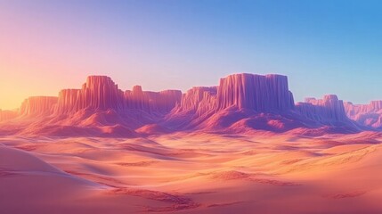 Naklejka premium Stunning and dramatic desert landscape at sunset with towering sandstone rock formations in vibrant orange pink and purple hues against a serene blue sky