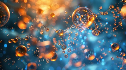 Enzyme and protein molecular system highlighted with glowing digital particles