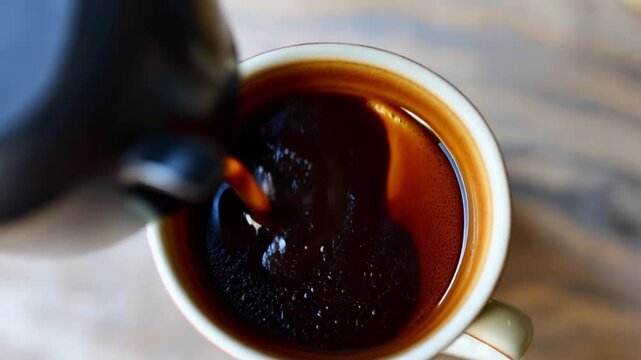 brewed coffee in a geyser coffee maker is poured into a coffee mug, top view, Generative Ai