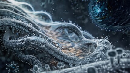 High-tech 3D enzyme protein bond visualization, glowing vibrant molecules