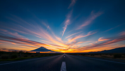 Asphalt road pavement and dramatic sky with mountain at sunset, isometry. isolated with white highlights