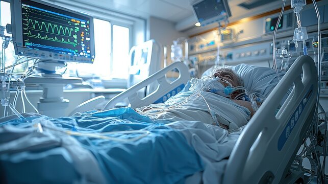 Intubated patient receiving critical care in a hospital room during the night shift