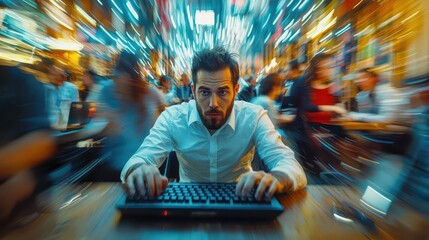 Obraz premium Close-up of focused employee typing rapidly on keyboard in a busy workplace environment