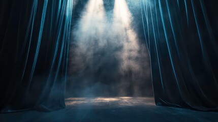 Black velvet curtains are drawn open to reveal an empty stage illuminated by a bright spotlight, with a haze of smoke filling the air.