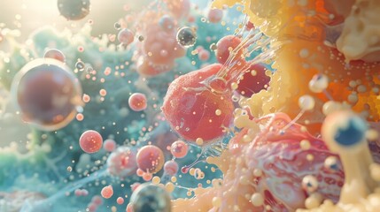 Detailed enzyme protein bond with floating particles