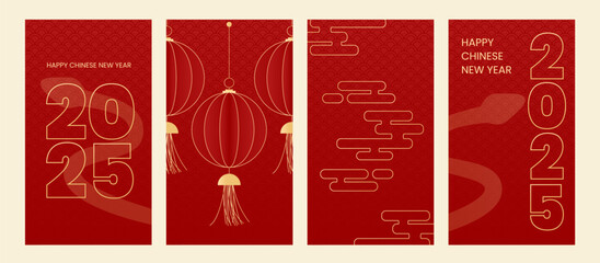 Happy Chinese new year 2025 , modern design set in red, gold and white colors , Year of the Snake , Asia oriental traditional ornament, frame and border ,	
