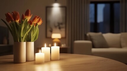 Naklejka premium Creating a Serene Atmosphere with Glowing Candles Home Interior Nighttime Setting Cozy Environment Intimate View Relaxation Concept