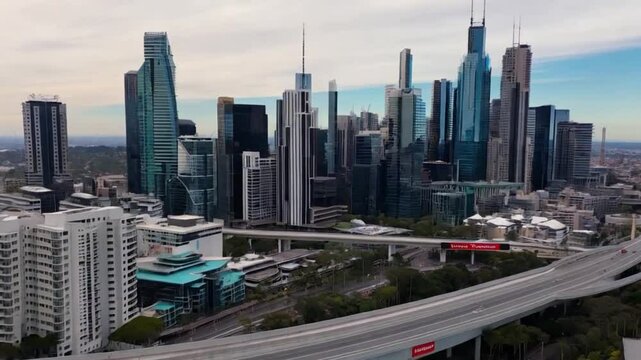 Melbourne Australia 108 vic city CBD skyline overlooking a freeway skyscraper apartments aerial view high-rise buildings