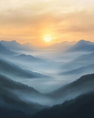 Fototapeta premium Serene landscape at sunrise with misty mountains and soft colors.