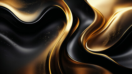Obraz premium Elegant Golden Waves on Textured Black Backdrop, a Luxurious Abstract Art Piece with Smooth Curves and Contrasting Finishes. Black Gold abstract background.