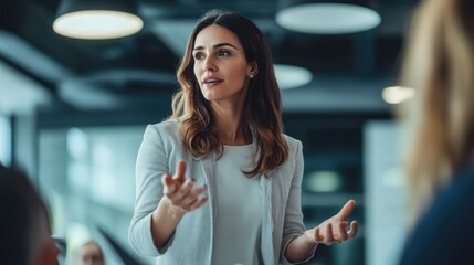 Entrepreneurial Woman Pitching Startup Idea to Partners, Entrepreneurial woman, pitching, startup idea, partners