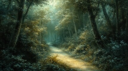 Obraz premium Winding path through a serene forest inviting exploration during daylight hours