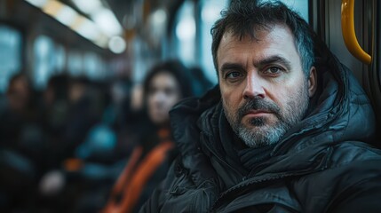 Obraz premium Man sits quietly in a crowded train carriage during morning commute in a busy urban environment