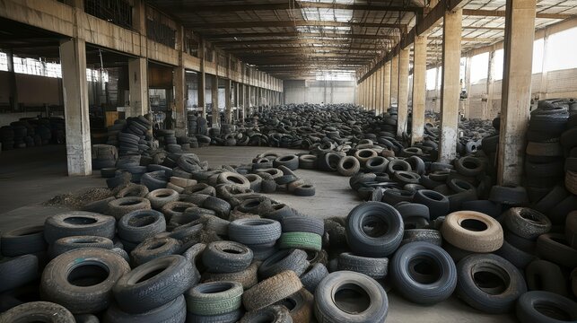 A large warehouse filled with stacks of discarded tires.