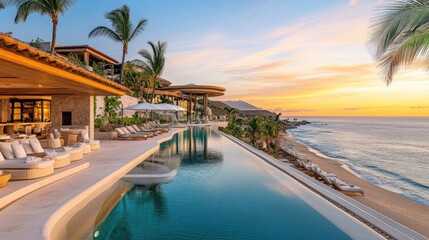 Fototapeta premium Exclusive resort-style luxury hotel with infinity pools, private cabanas, and a pristine beach backdrop