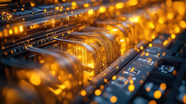 Server room with glowing connections illuminating data cables and infrastructure elements in a high-tech environment